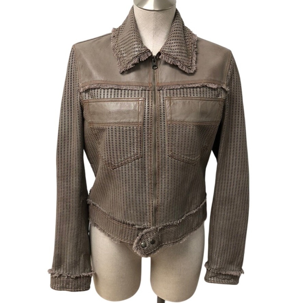 Jakett New York Leather Jacket Womens L Taupe Perforated Fringe Zip Moto Jacket